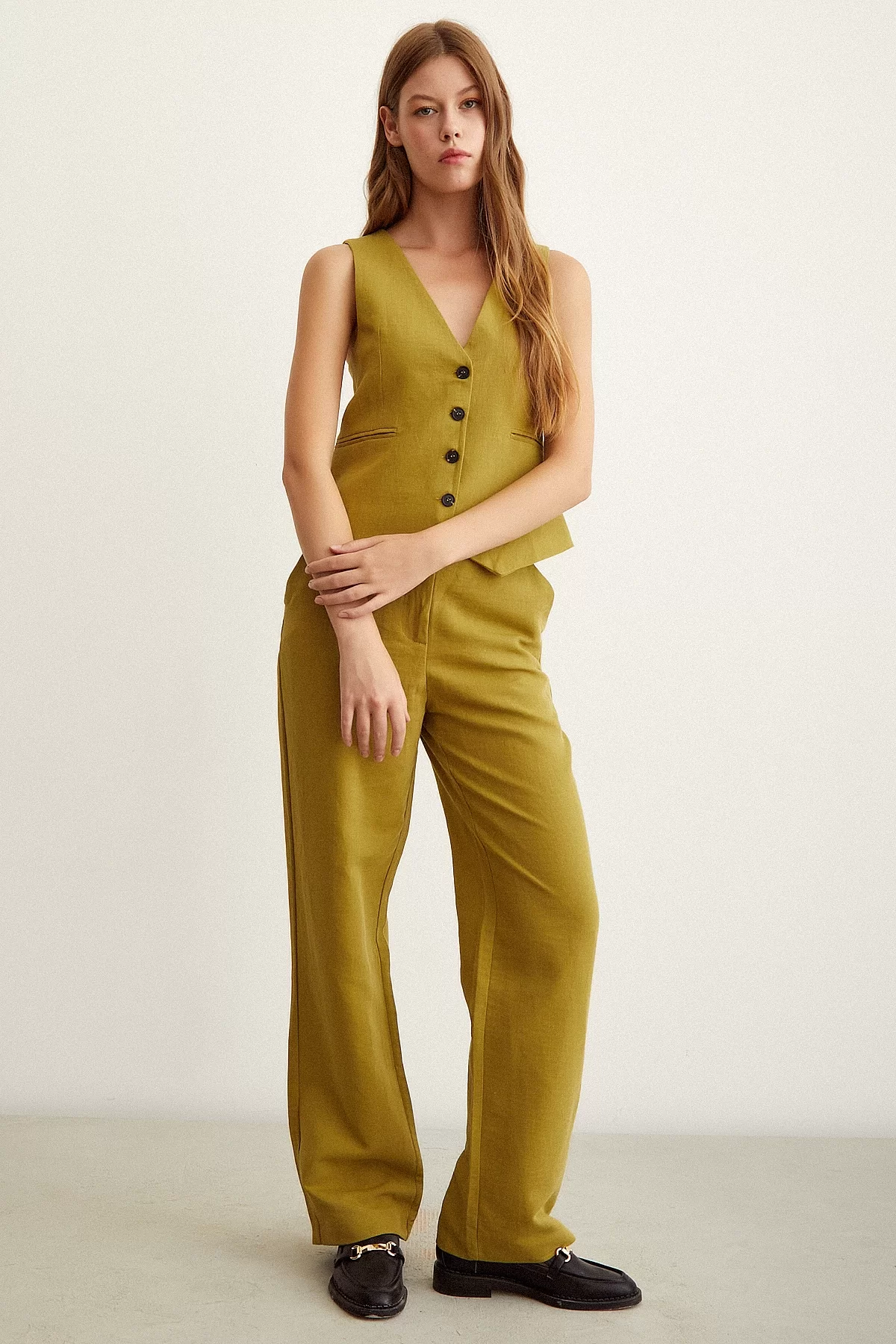 High Waist Linen Pants in Olive Green