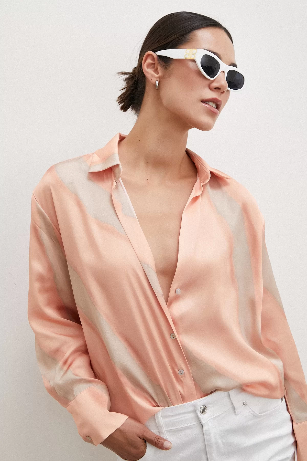 Patterned V-Neck Satin Shirt Salmon