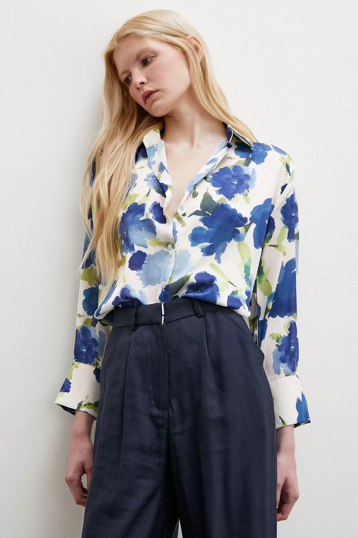 Multicolored Floral Patterned Shirt Blue