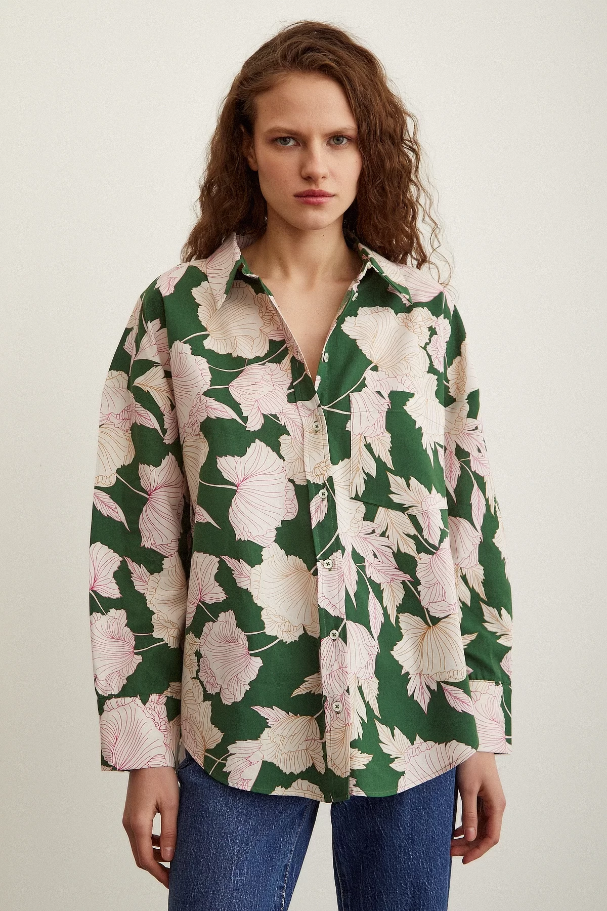 Floral Patterned Poplin Shirt Green