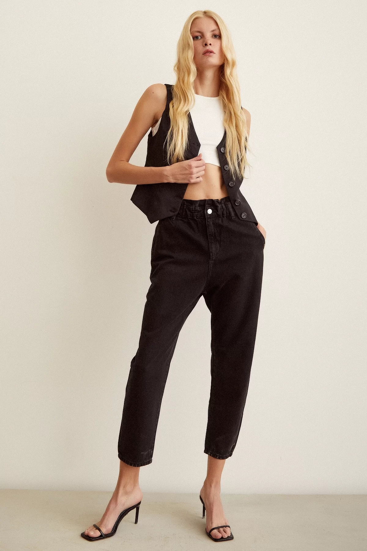 Elastic Waist Mom Jeans Black