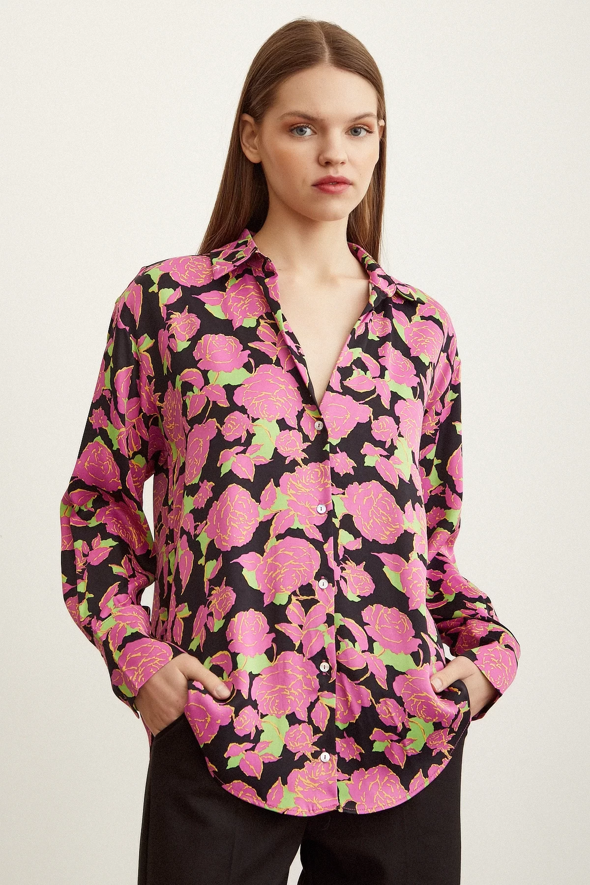 Satin Shirt with Rose Pattern Pink