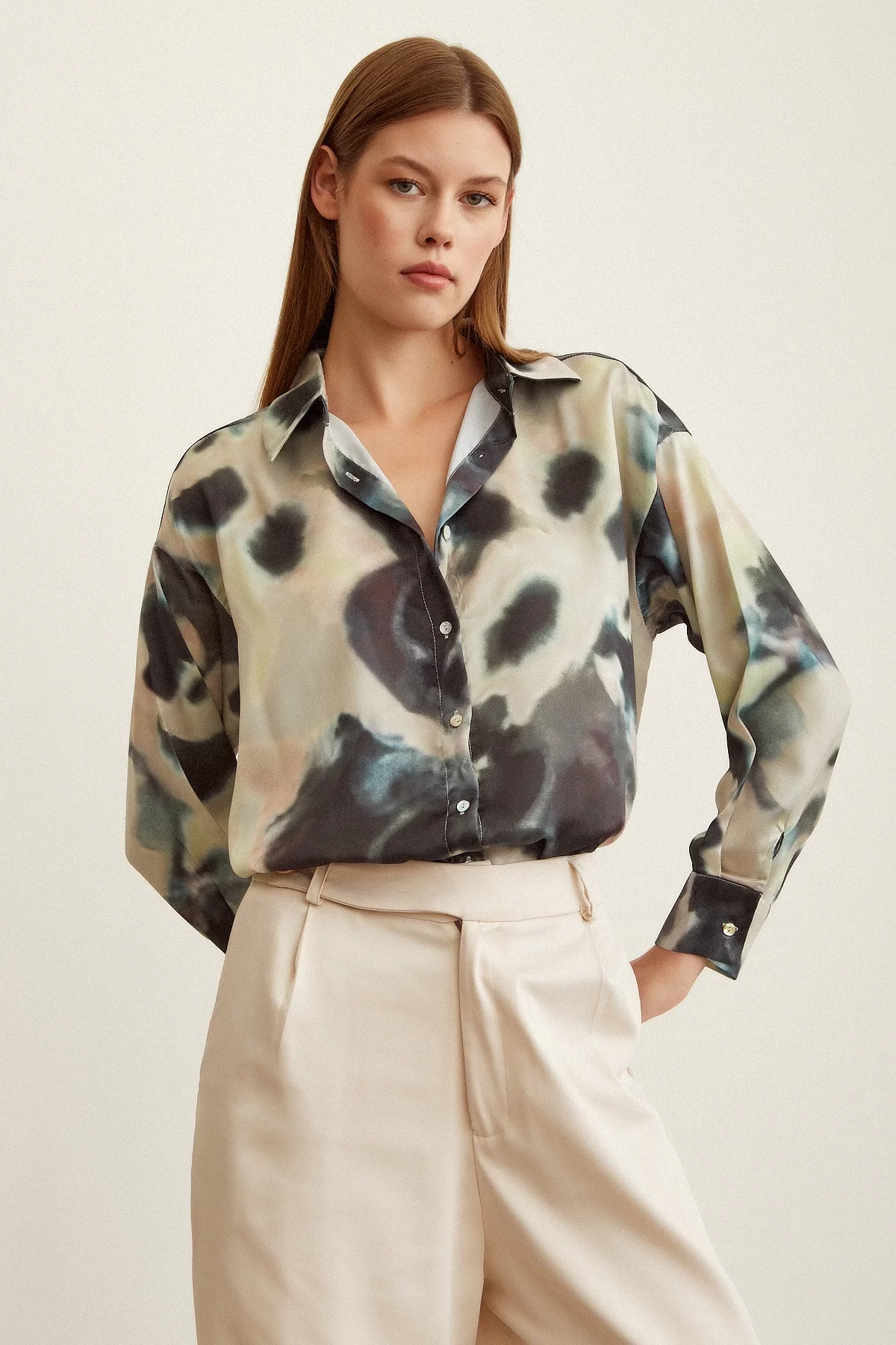 Batik Pattern Satin Shirt in Petrol