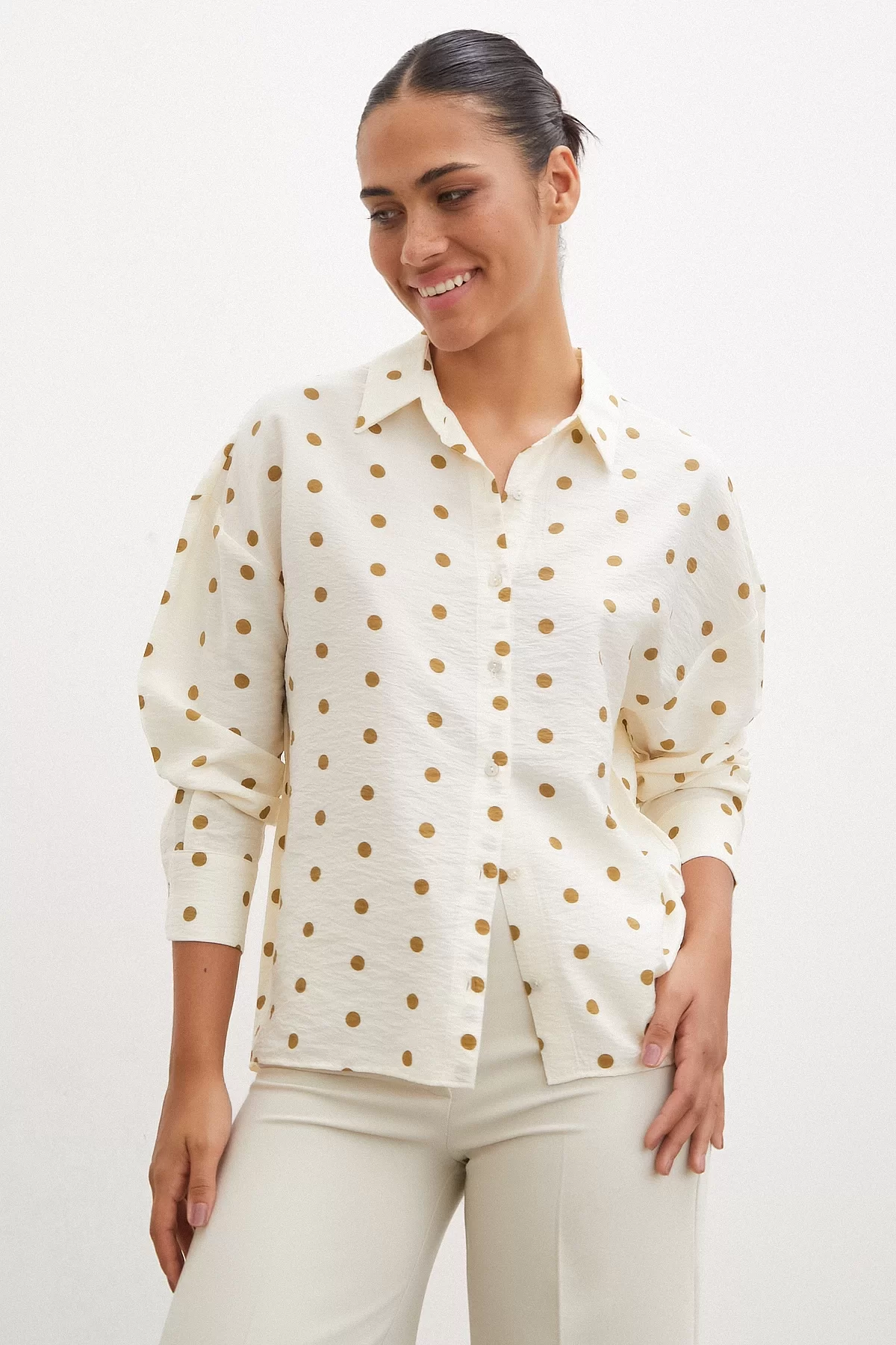 Polka Dot Oversized Shirt Brown