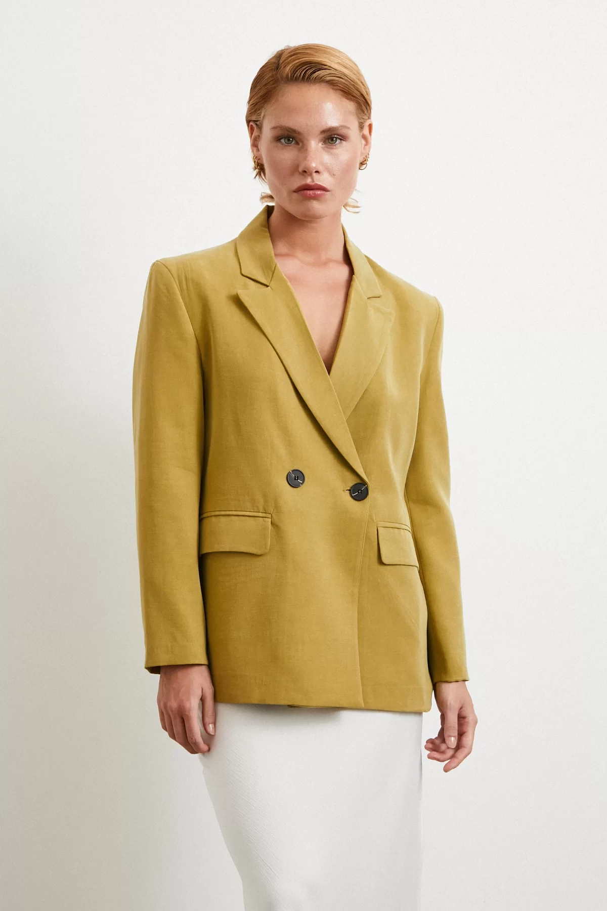 Çift Düğmeli Keten Blazer Ceket Olive
