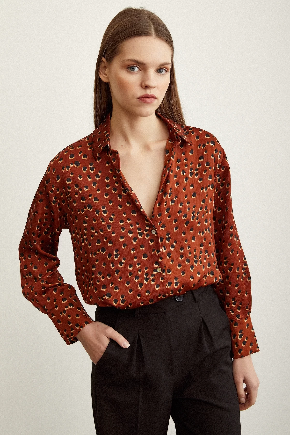 Polka Dot Patterned Satin Shirt in Light Brown