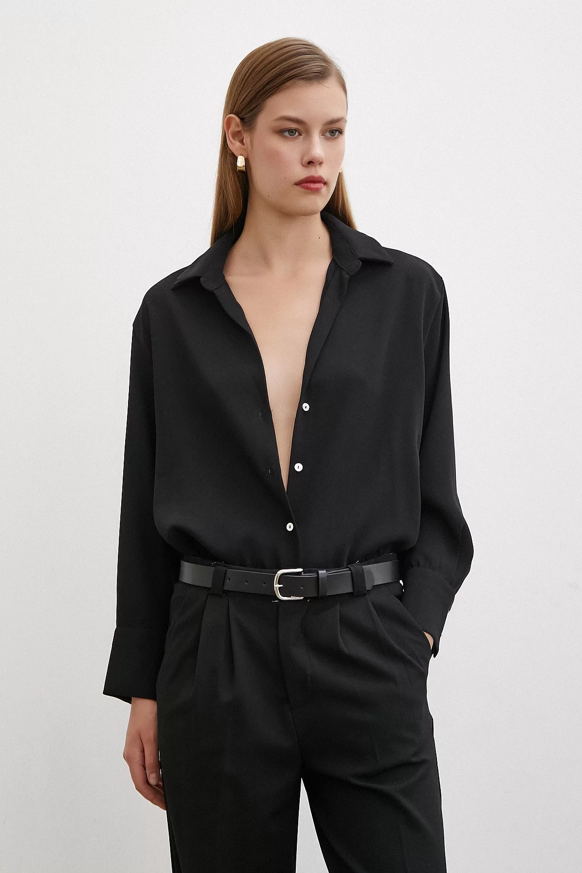 V Neck Polyester Shirt Black