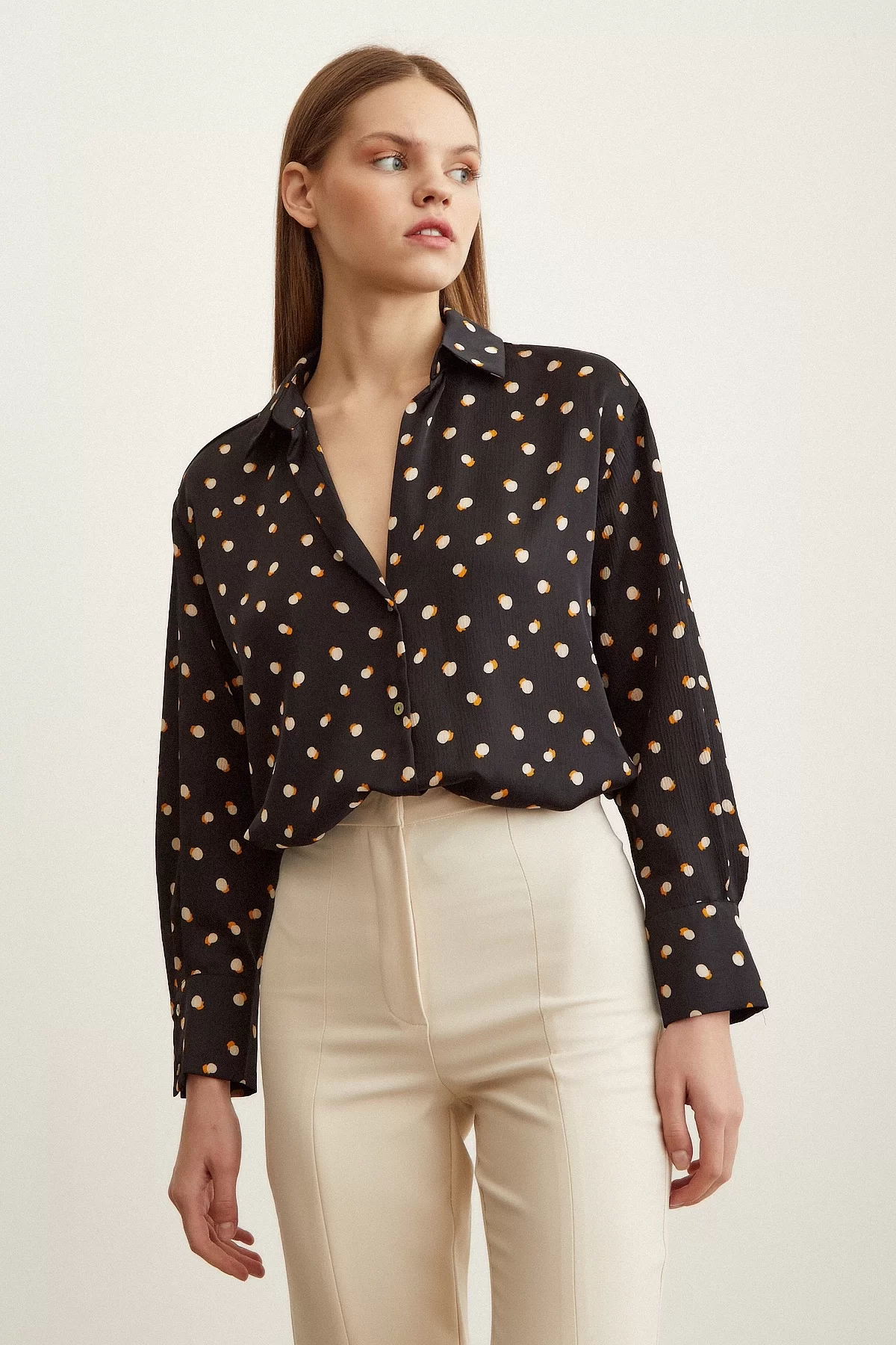 Polka Dot Patterned Satin Shirt Black