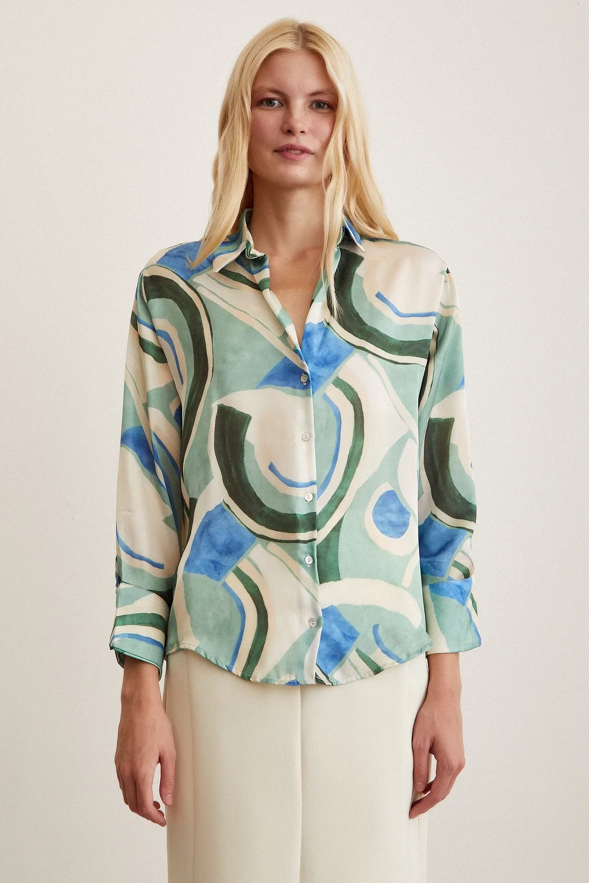 V Neck Patterned Satin Shirt Blue