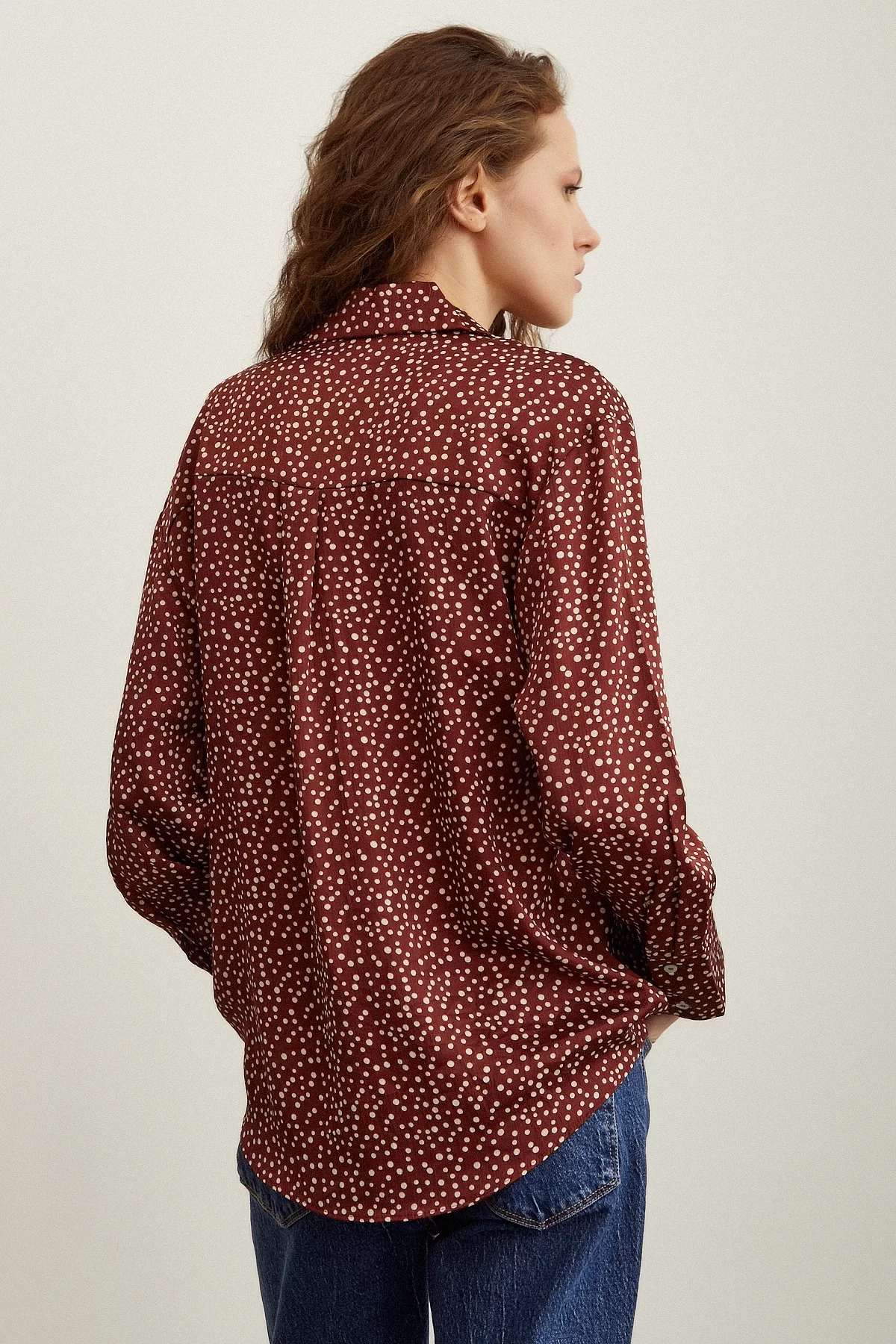 Polka Dot Patterned Satin Shirt Brick