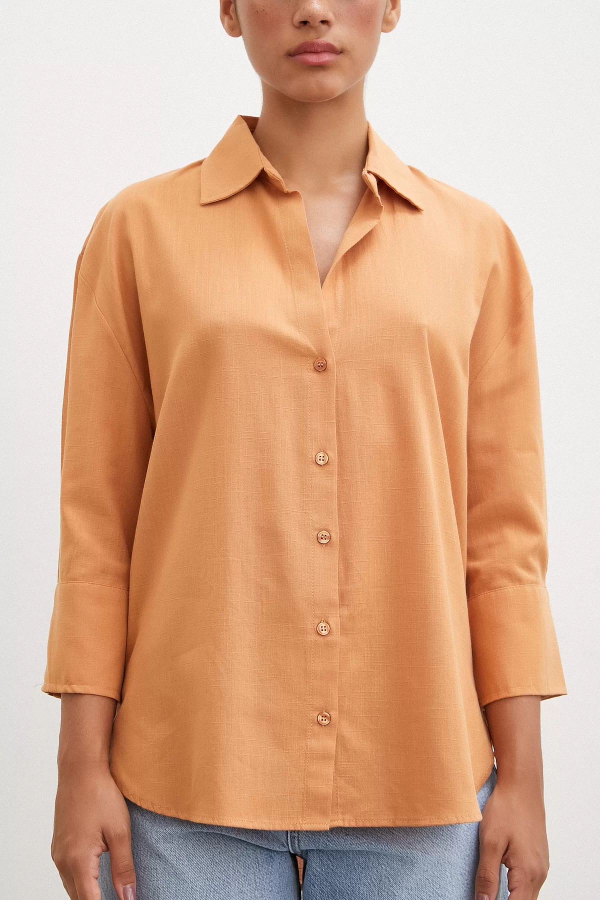 Wide Collar Linen Shirt Brown