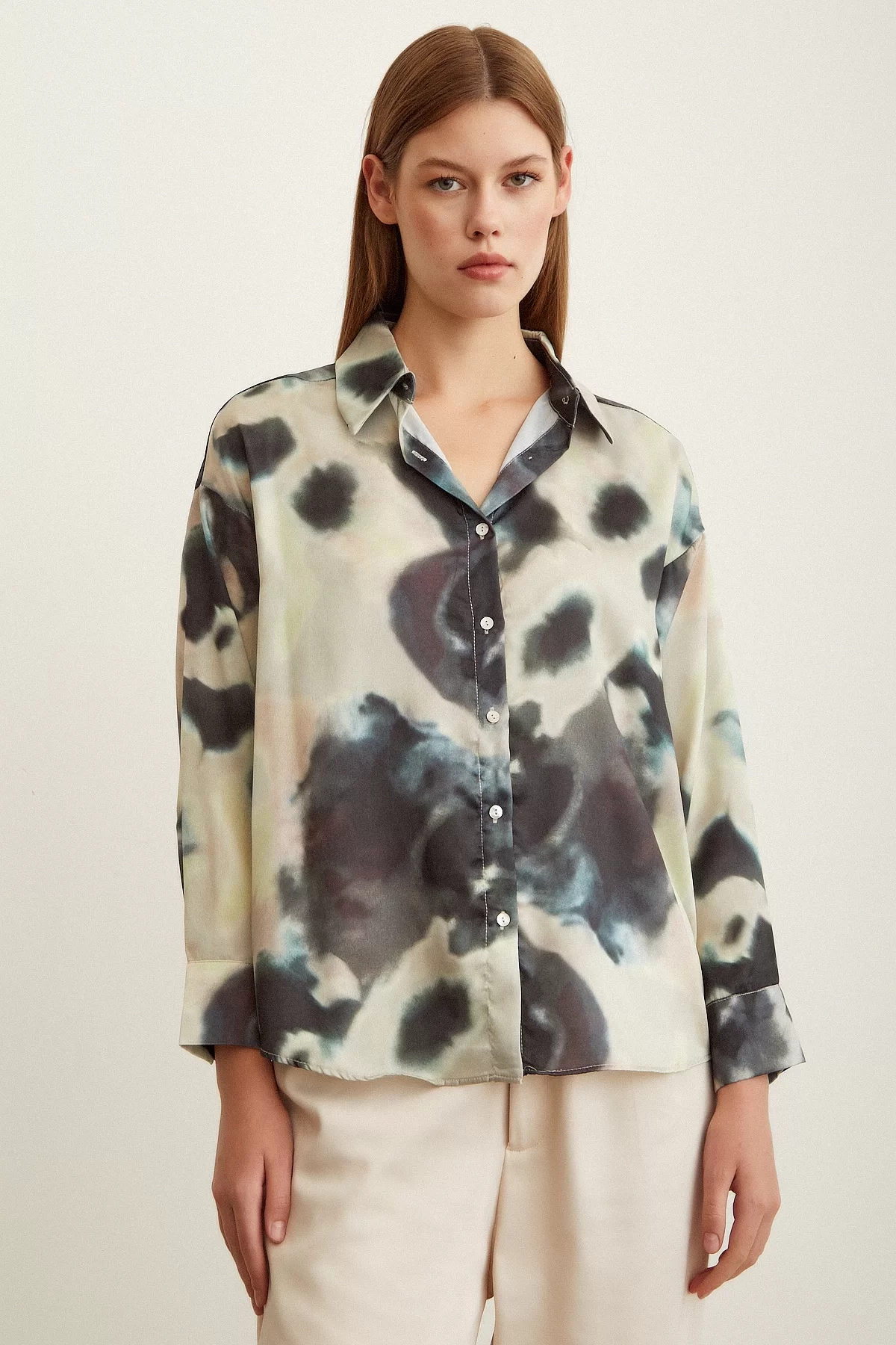 Batik Pattern Satin Shirt in Petrol