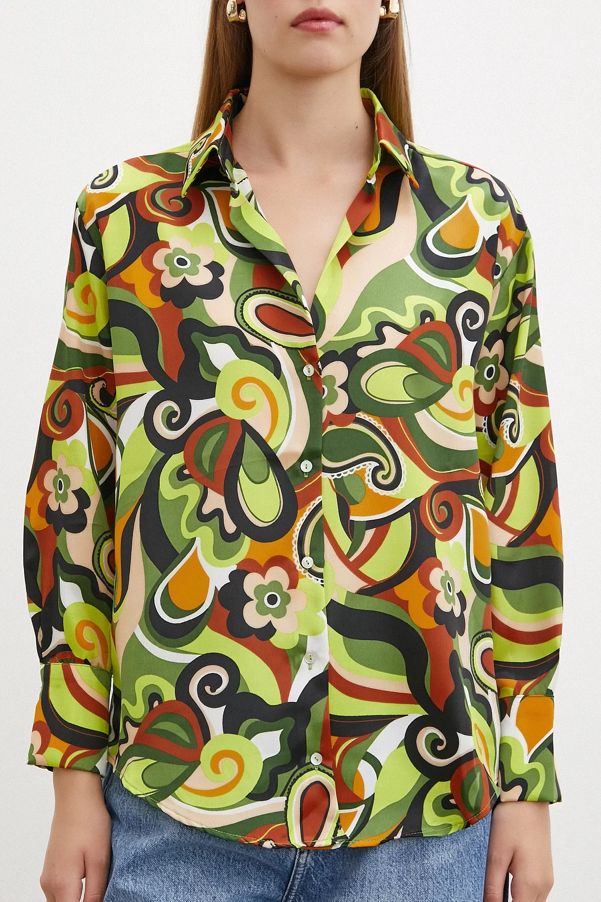 Marbled Patterned Satin Shirt Green