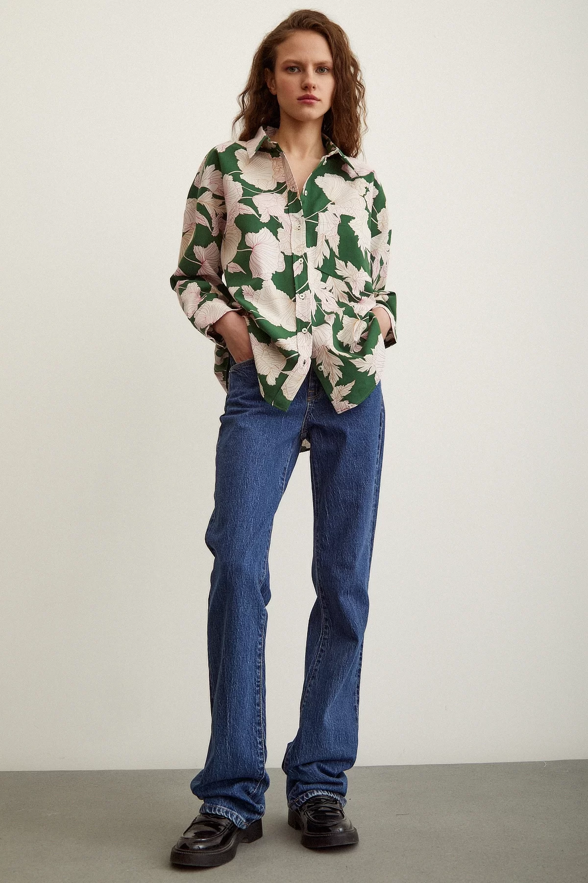 Floral Patterned Poplin Shirt Green