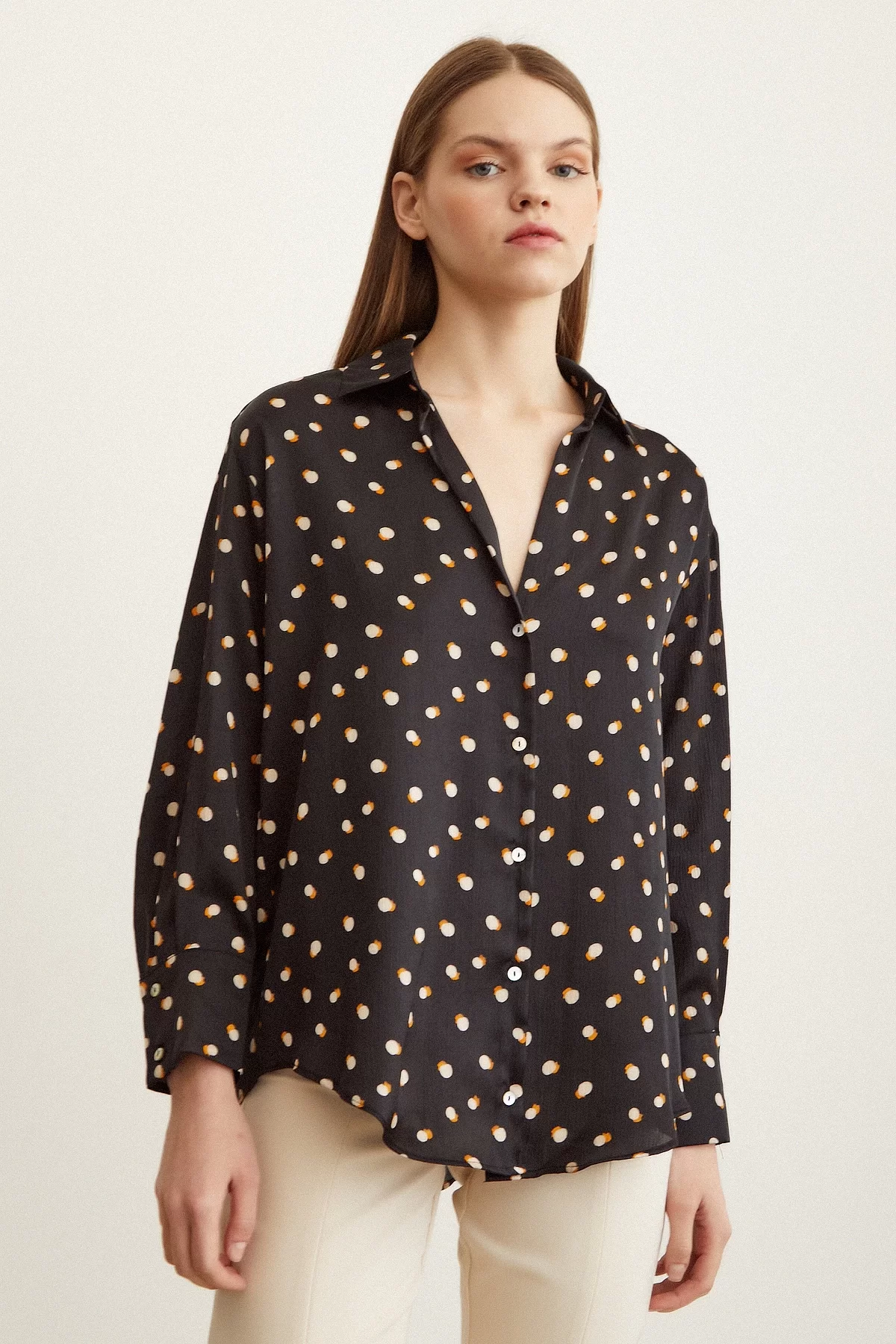 Polka Dot Patterned Satin Shirt Black