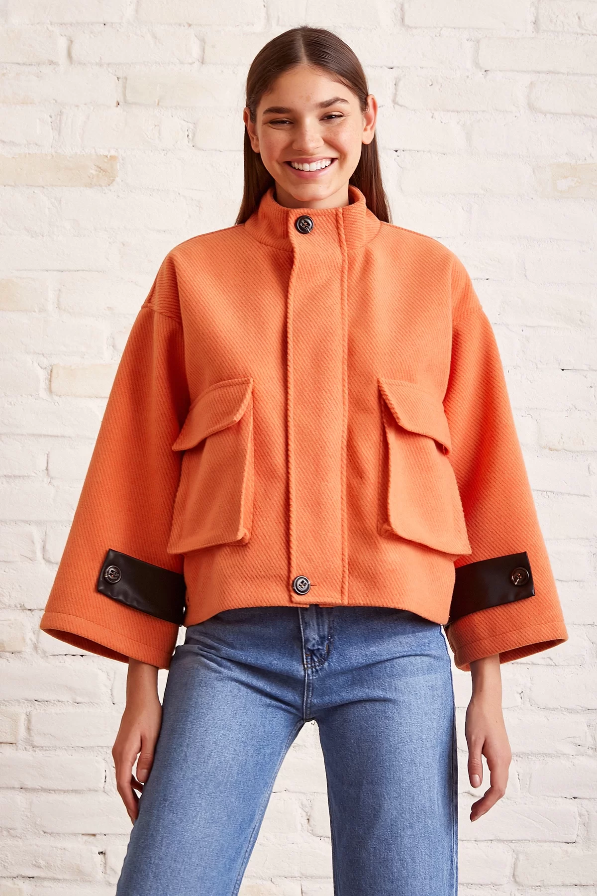 Cell Detailed Lace-Up Crop Jacket Orange