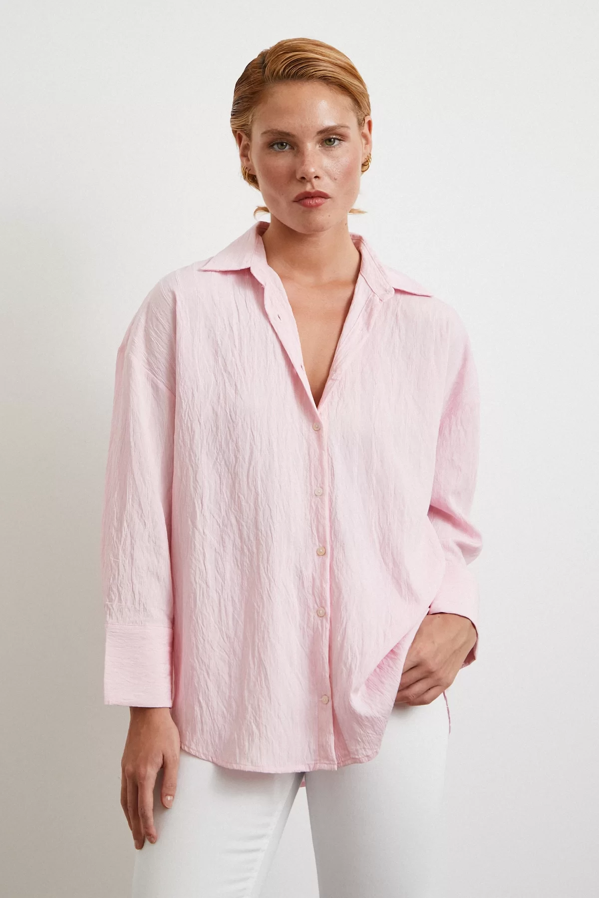 Kabartma Çizgili Oversize Gömlek Pembe