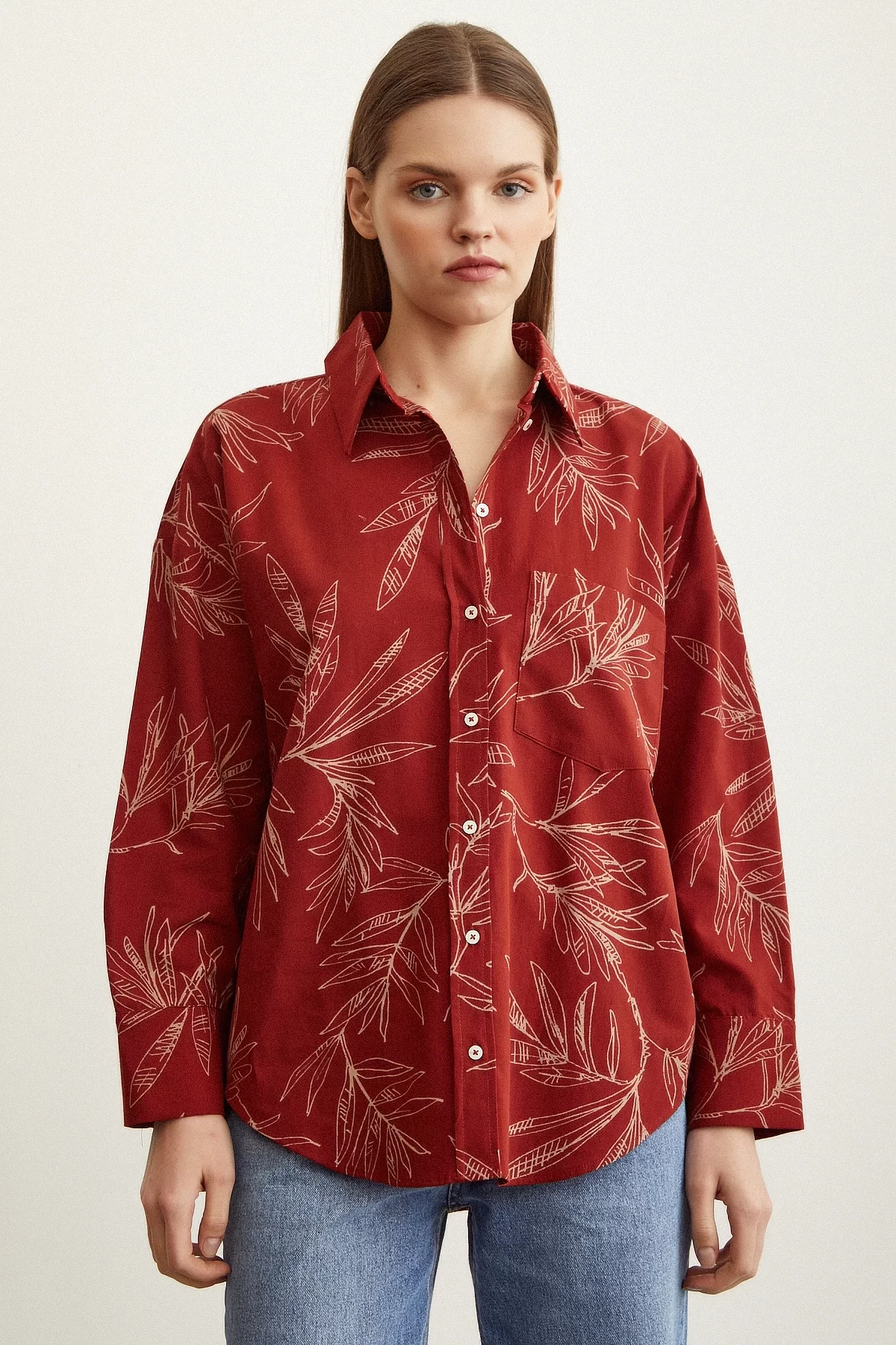 Flower Patterned Poplin Shirt in Terra Cotta Color