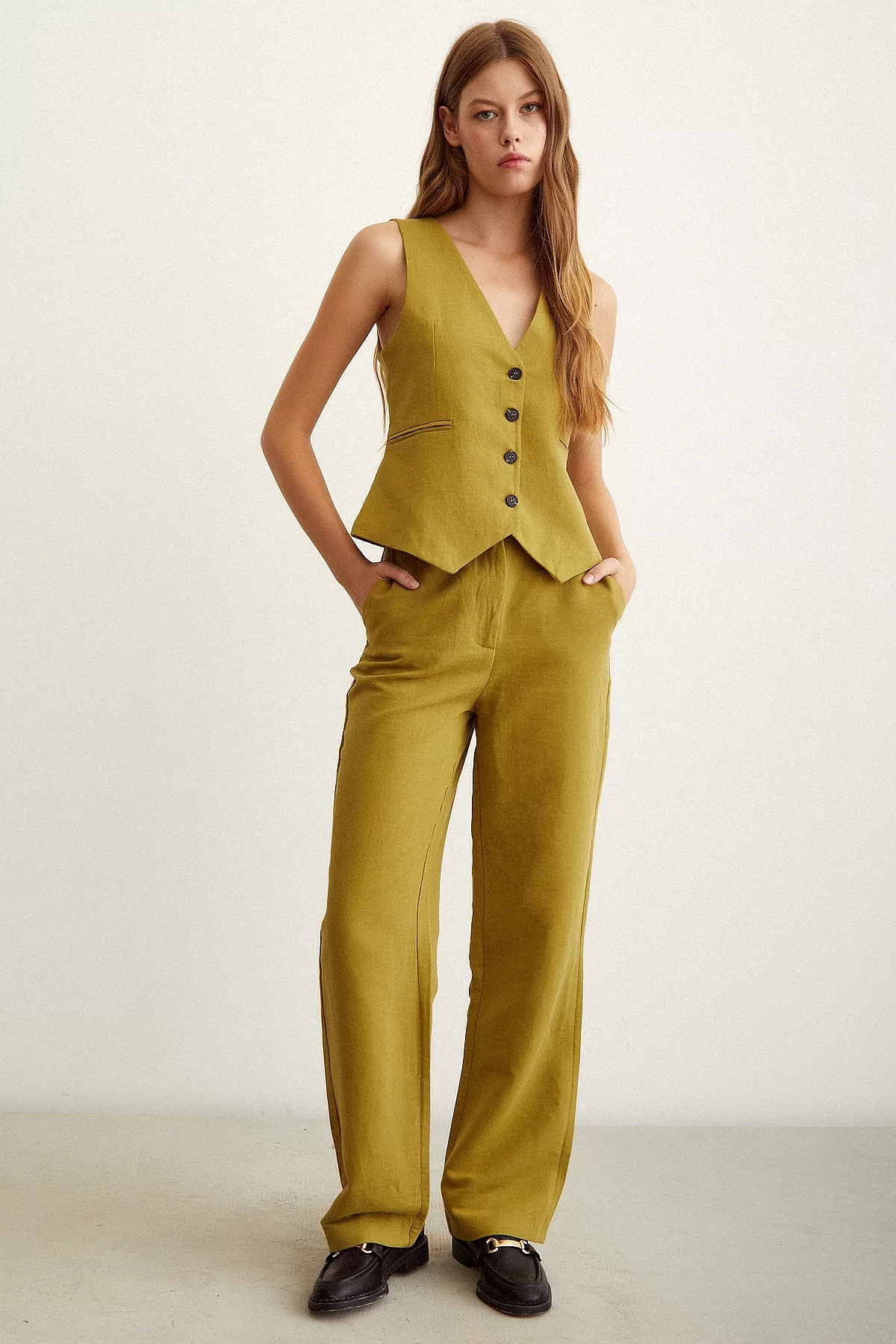 High Waist Linen Pants in Olive Green