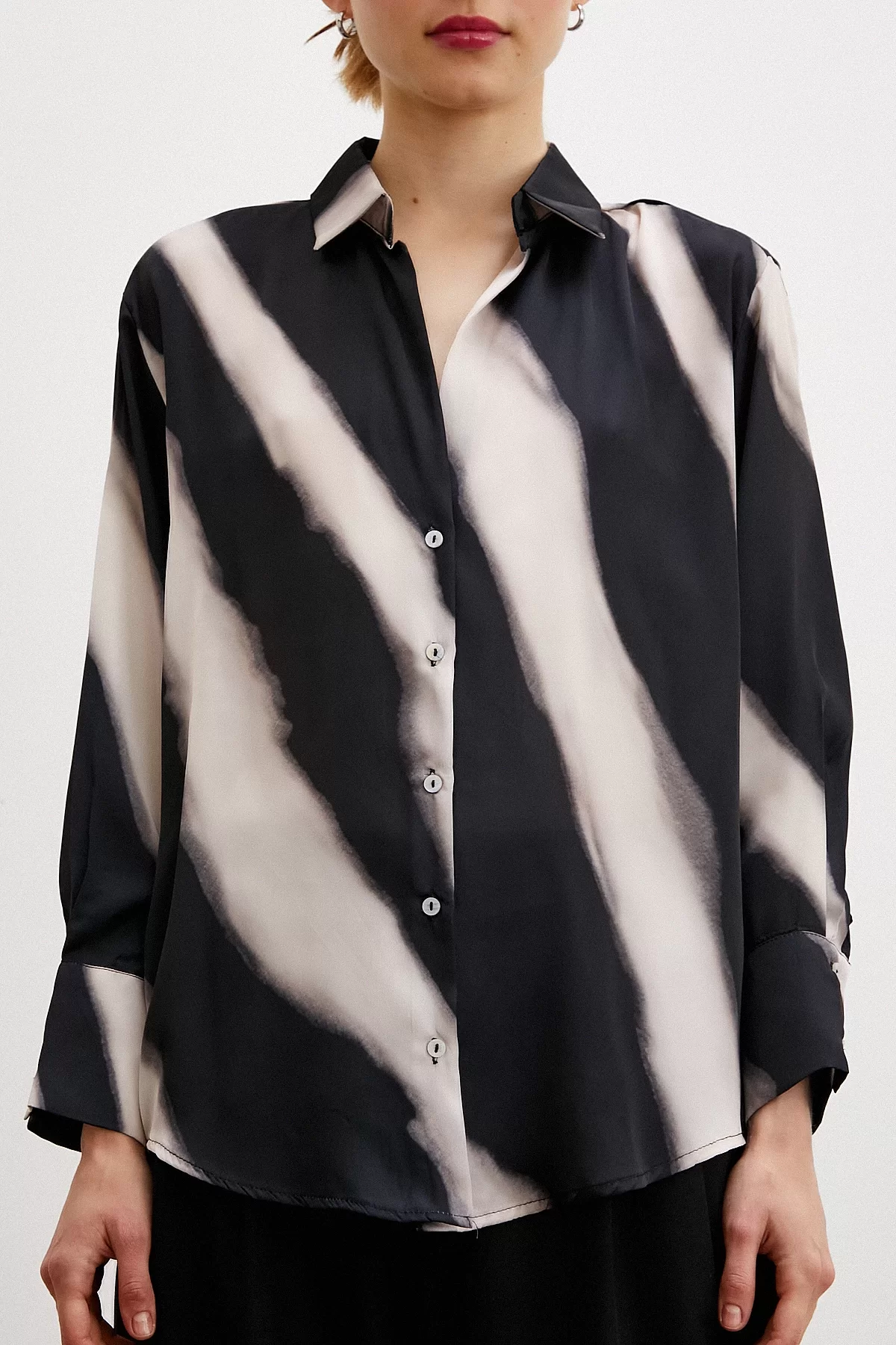 Patterned V Neck Satin Shirt Beige