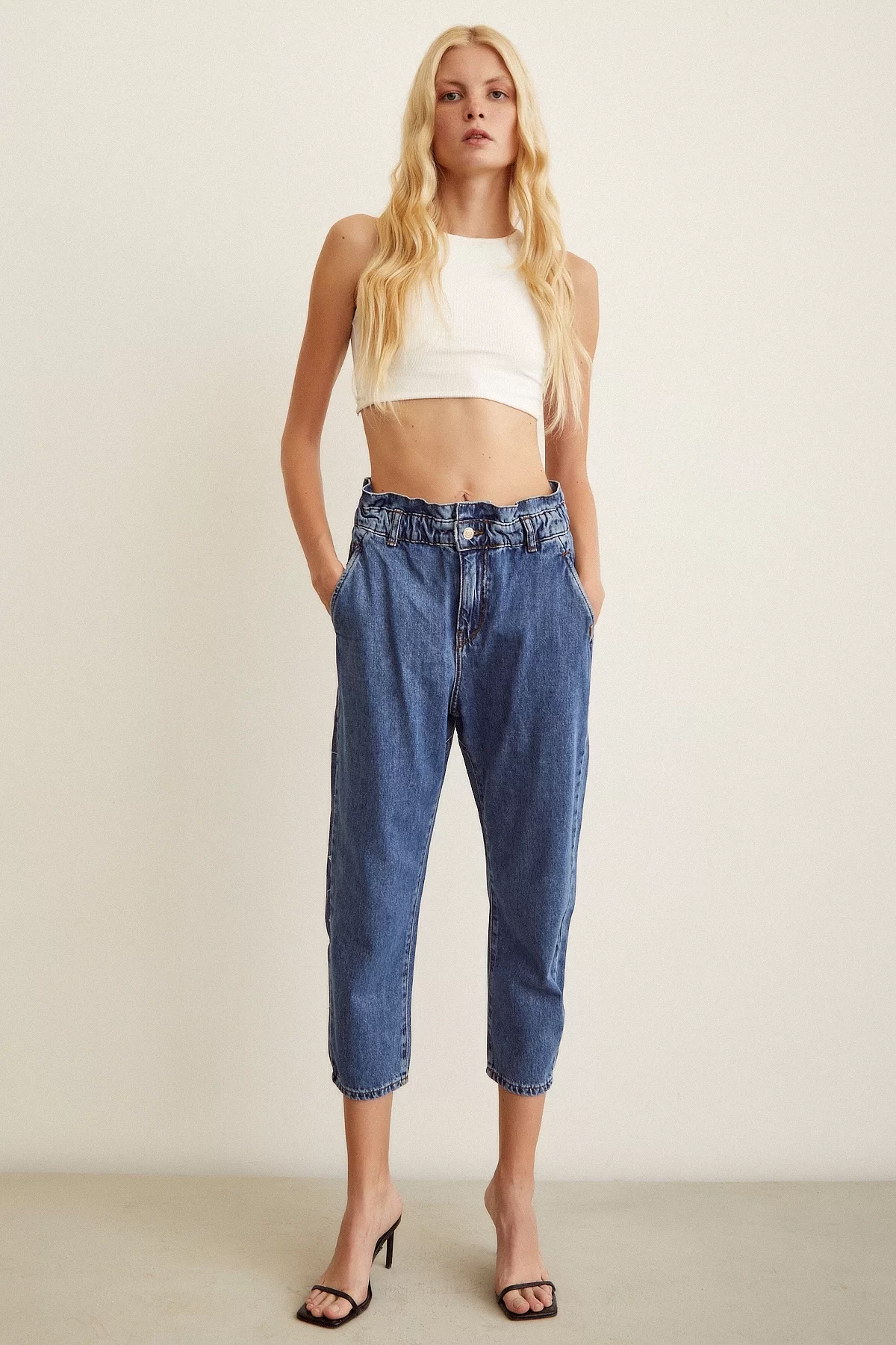 Elastic Waist Mom Jeans Blue