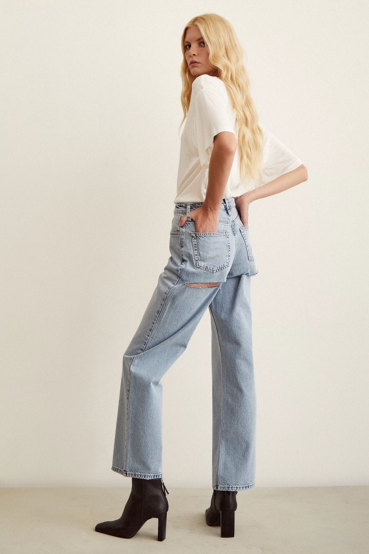 Ripped High Waist Wide Leg Jeans Ice Blue