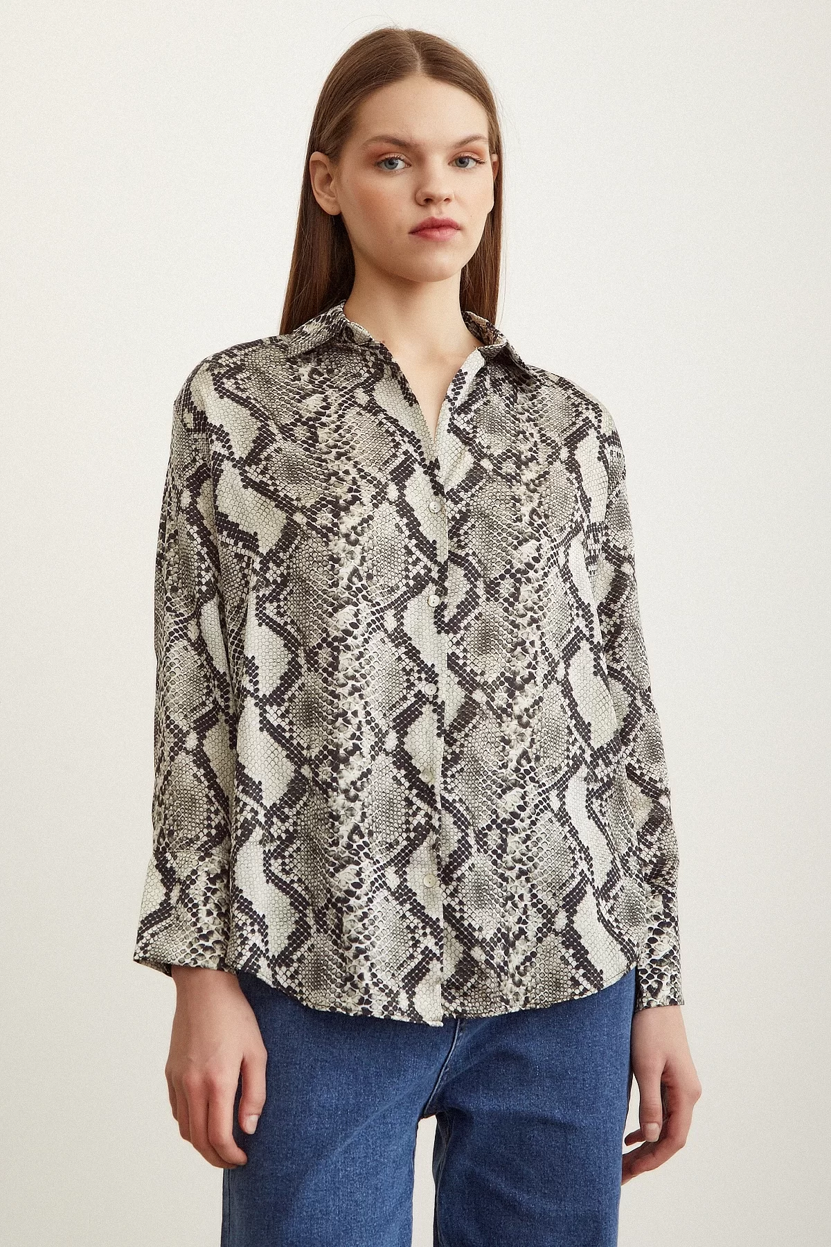 Snake Pattern Satin Shirt Stone