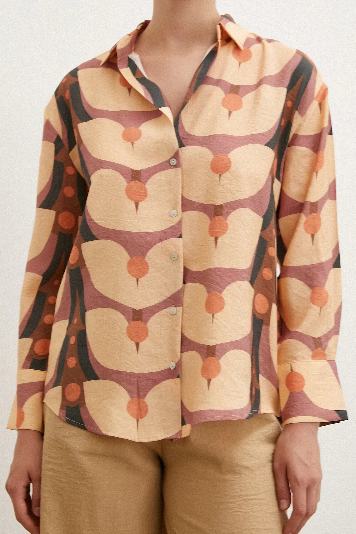 Patterned V-Neck Modal Shirt Camel