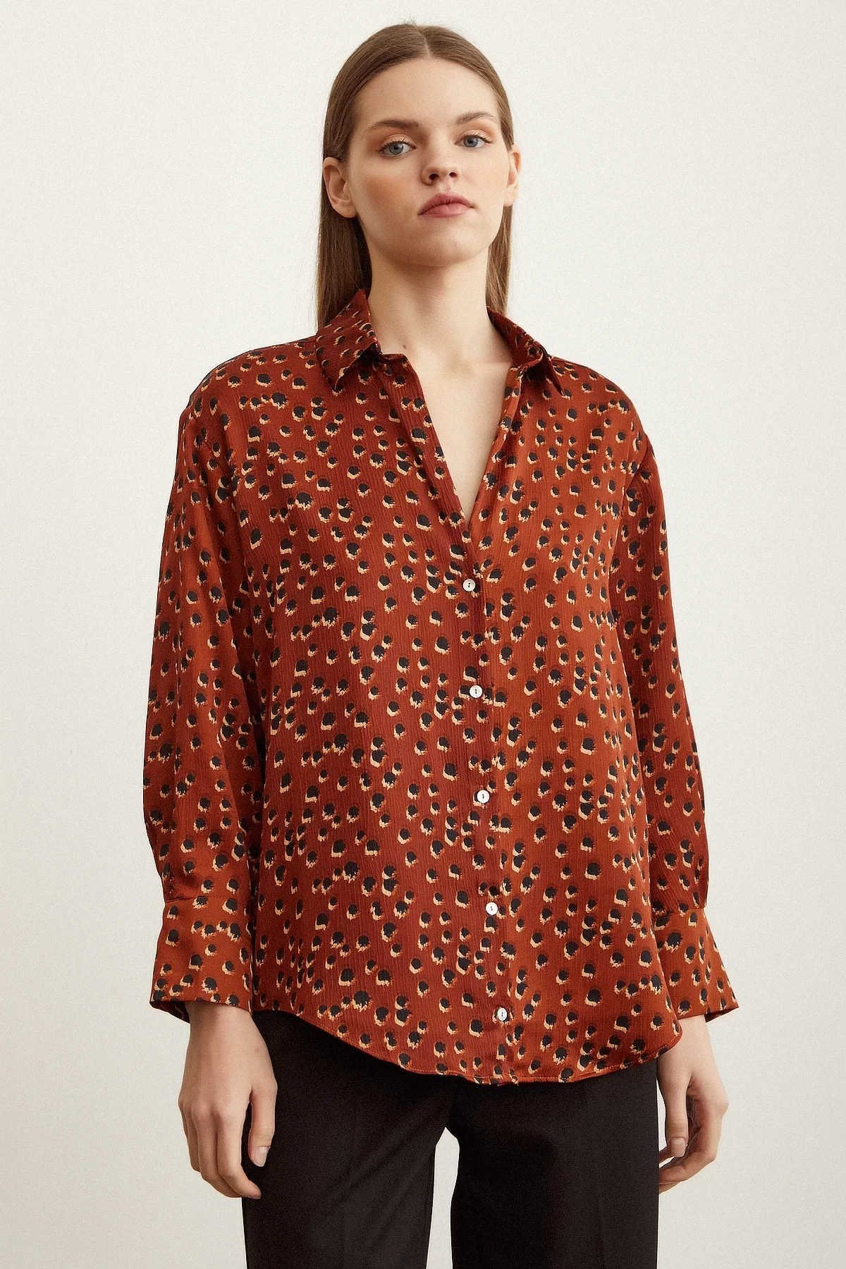 Polka Dot Patterned Satin Shirt in Light Brown