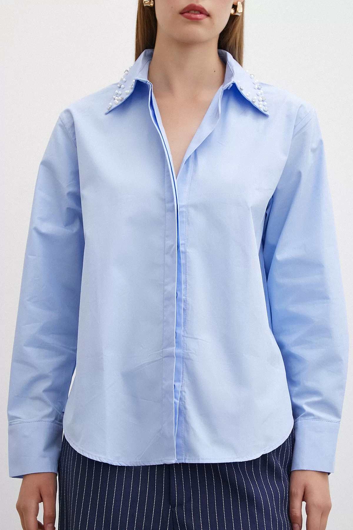 Yaka İncili Poplin Shirt Blue