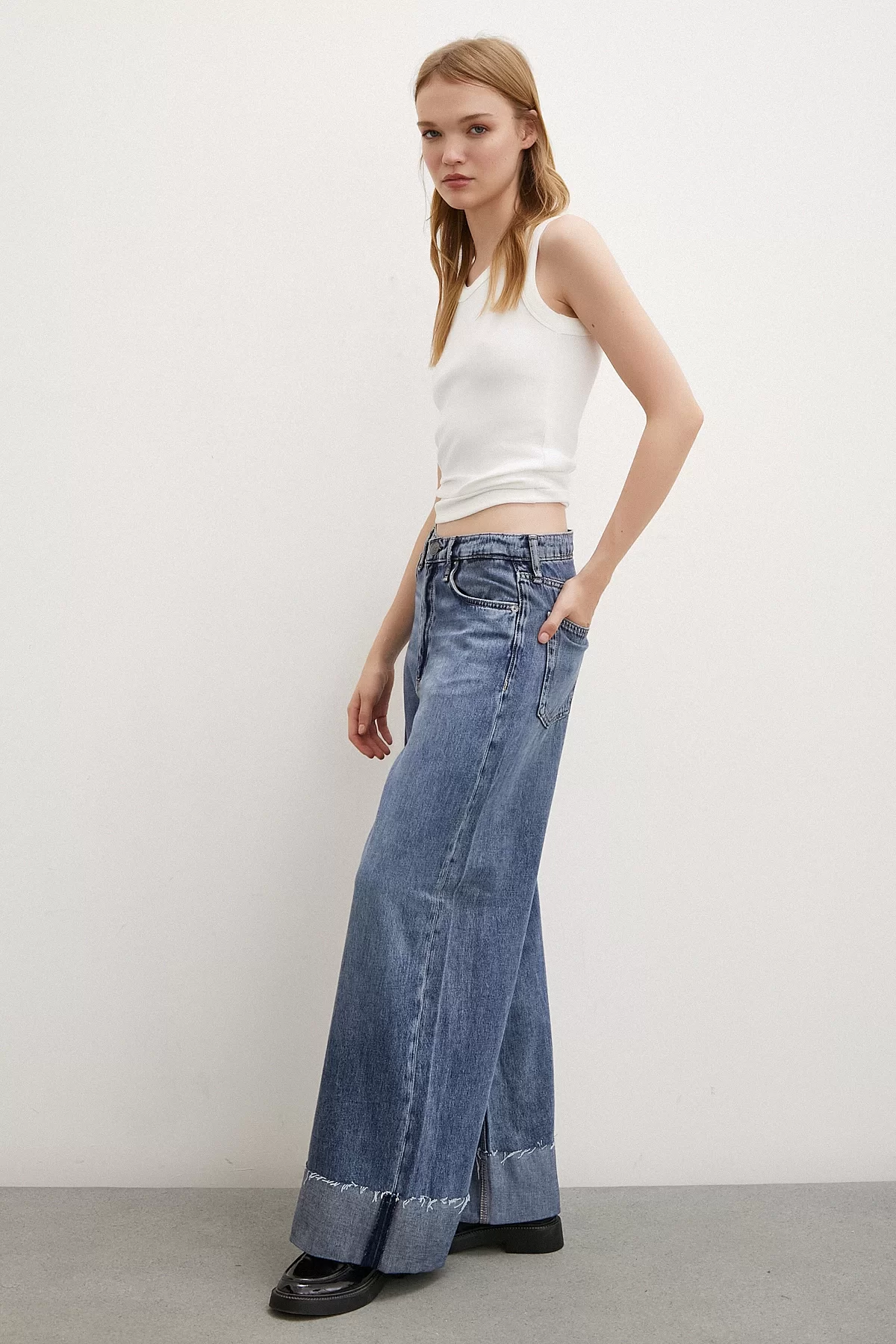 High Waist Folded Wide Leg Jeans Blue