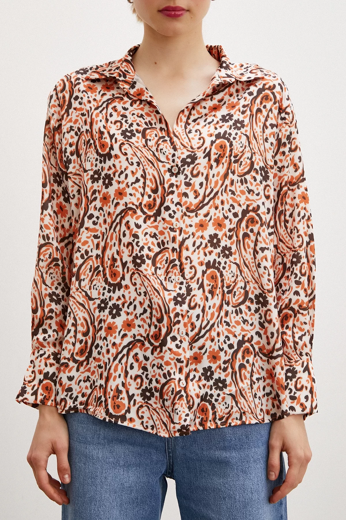 Patterned Waffle Satin Shirt Orange