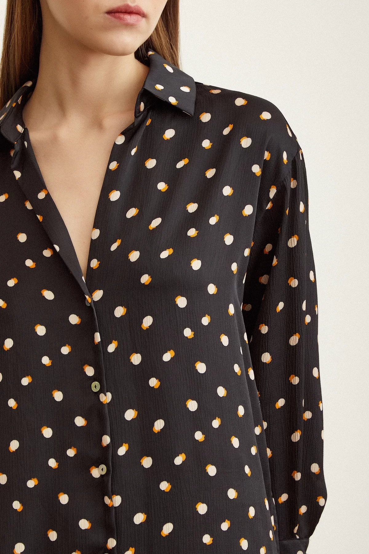 Polka Dot Patterned Satin Shirt Black