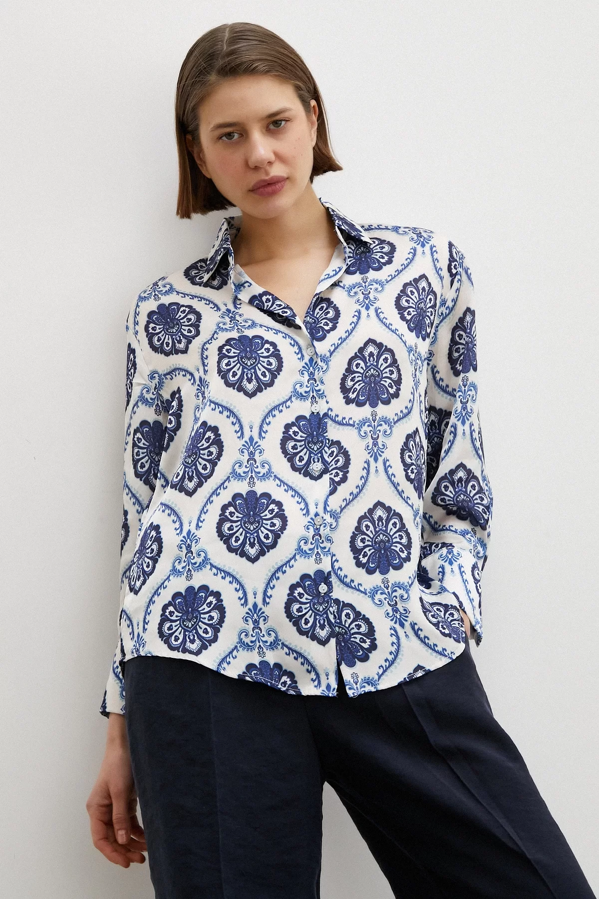 V Neck Shawl Pattern Shirt Navy