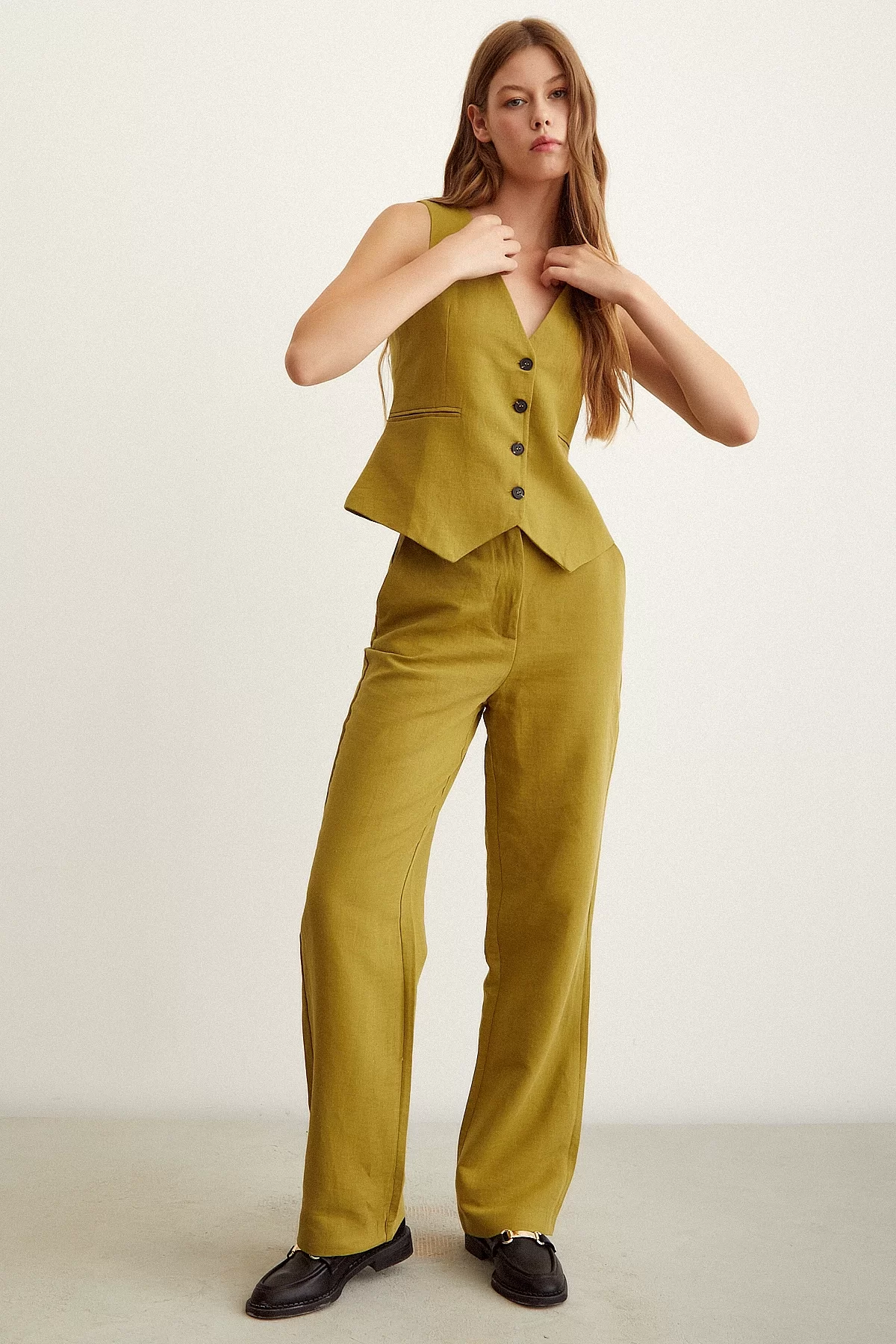 High Waist Linen Pants in Olive Green