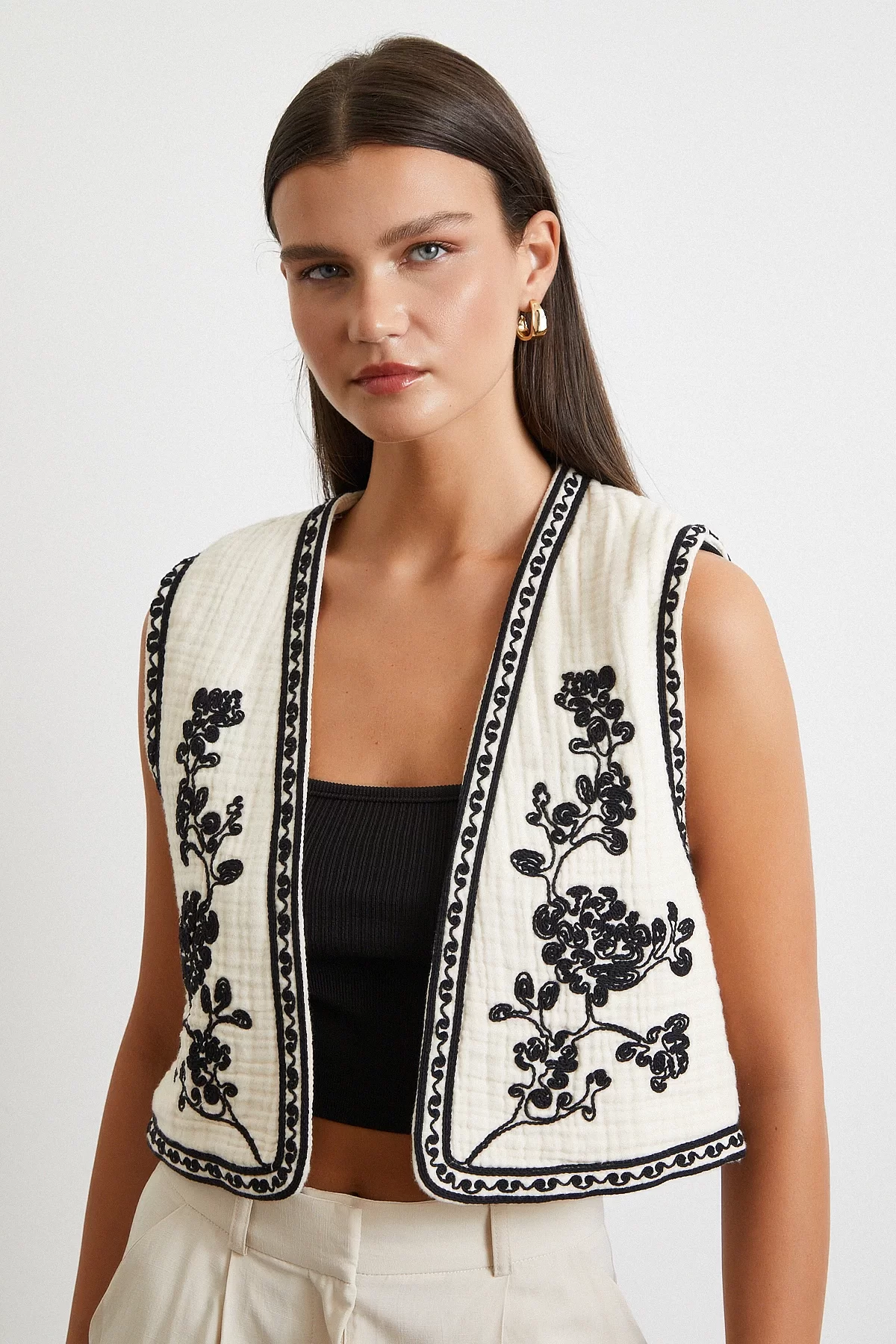 Nakışlı Oversize Yelek Krem