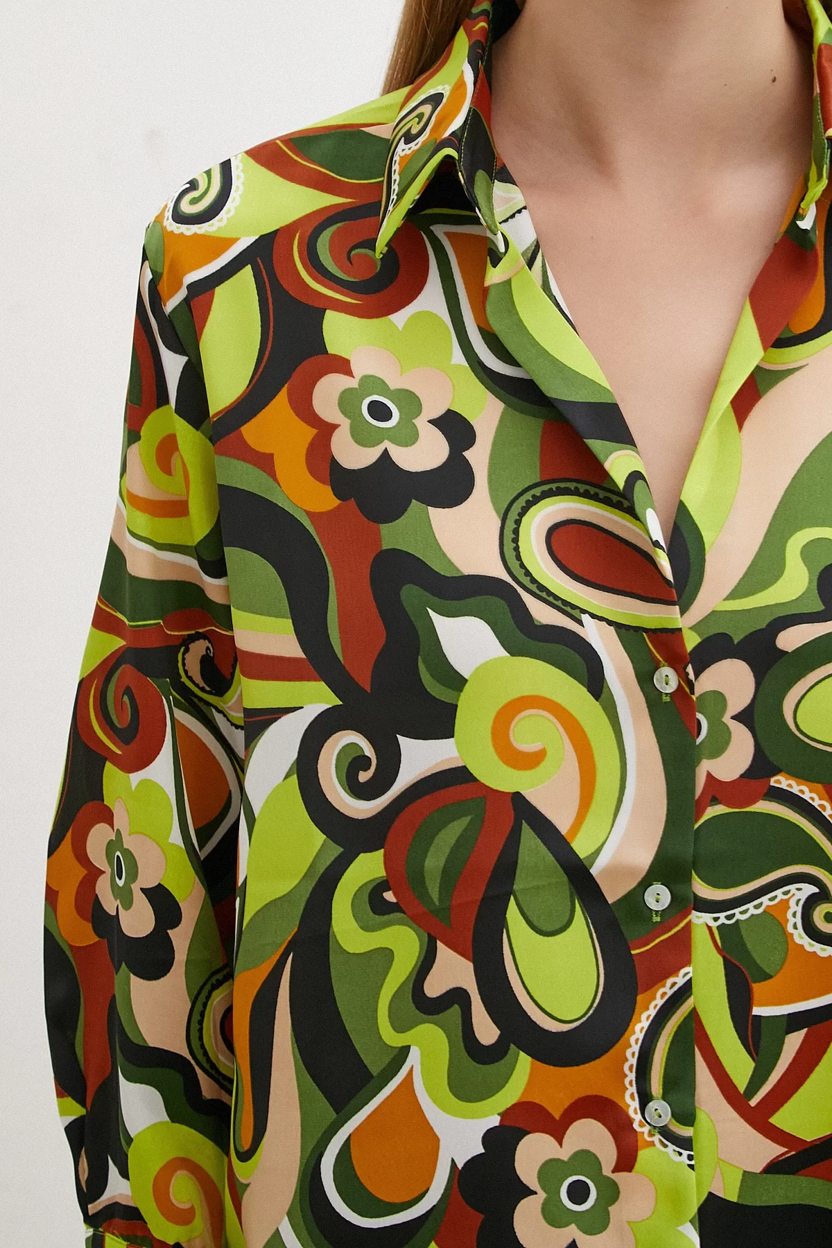 Marbled Patterned Satin Shirt Green