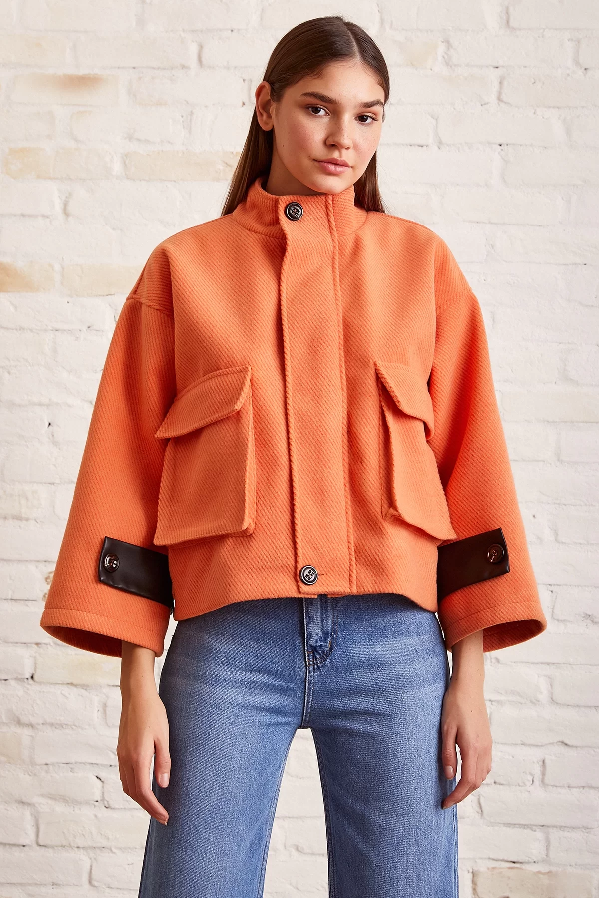 Cell Detailed Lace-Up Crop Jacket Orange