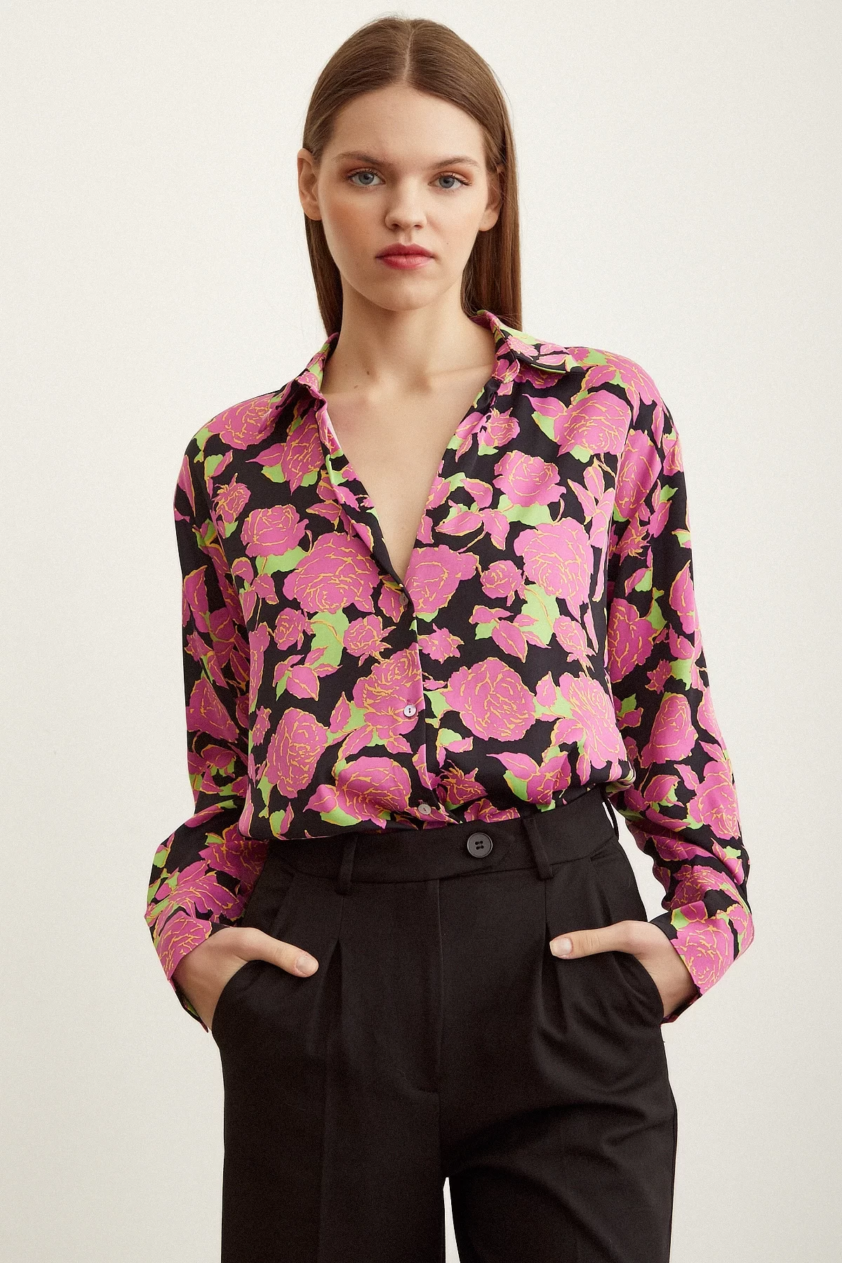 Satin Shirt with Rose Pattern Pink