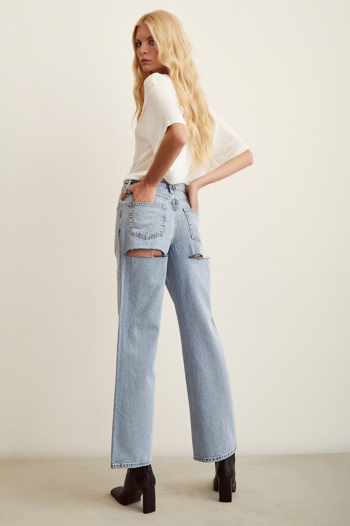 Ripped High Waist Wide Leg Jeans Ice Blue