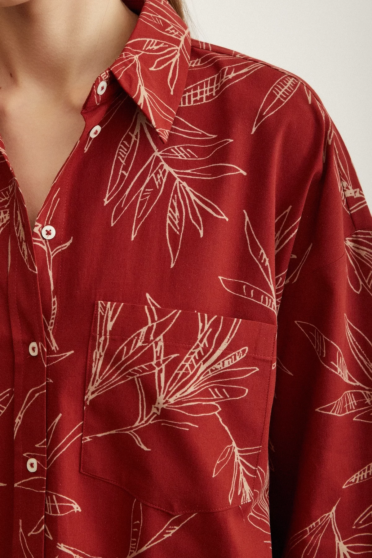 Flower Patterned Poplin Shirt in Terra Cotta Color