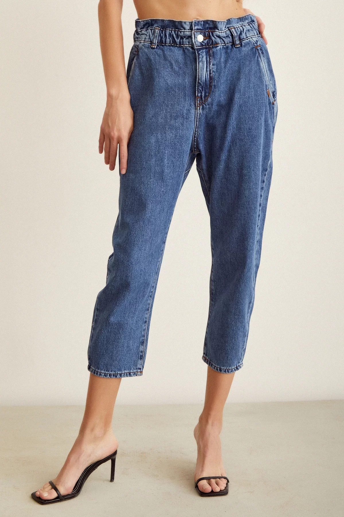 Elastic Waist Mom Jeans Blue