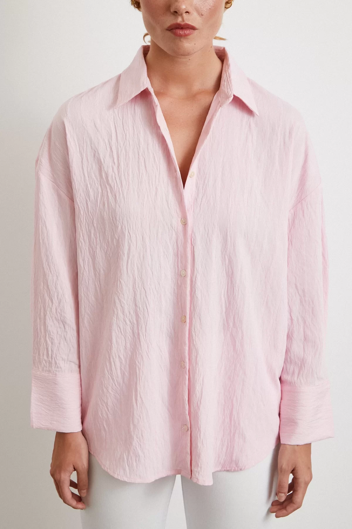 Kabartma Çizgili Oversize Gömlek Pembe