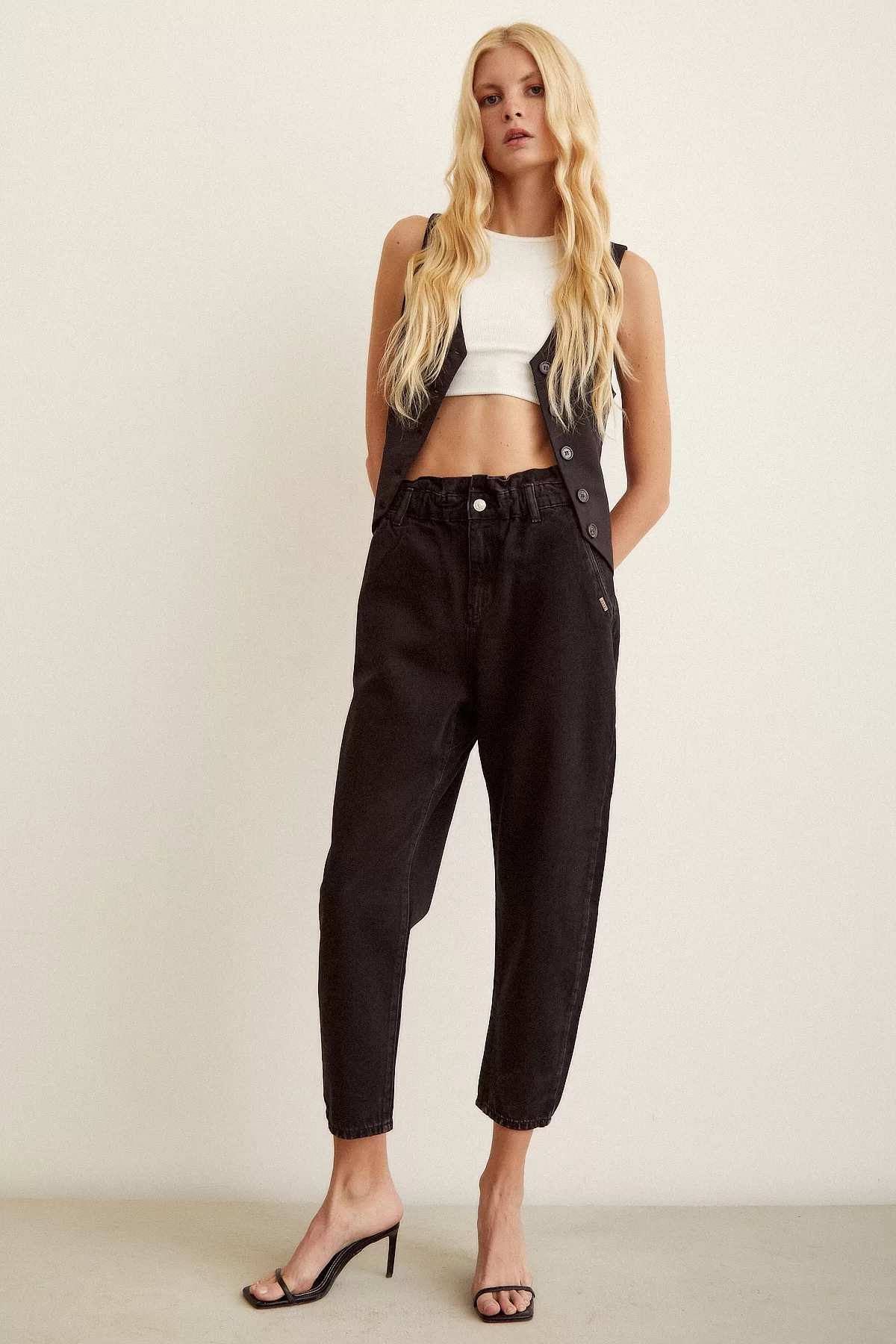 Elastic Waist Mom Jeans Black