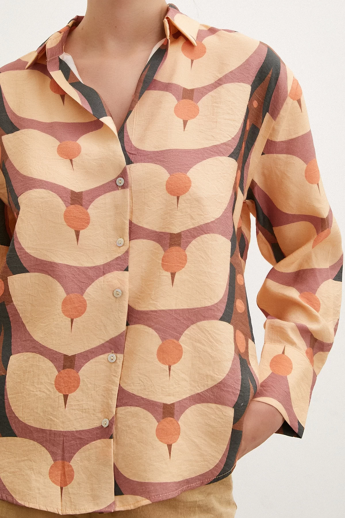 Patterned V-Neck Modal Shirt Camel