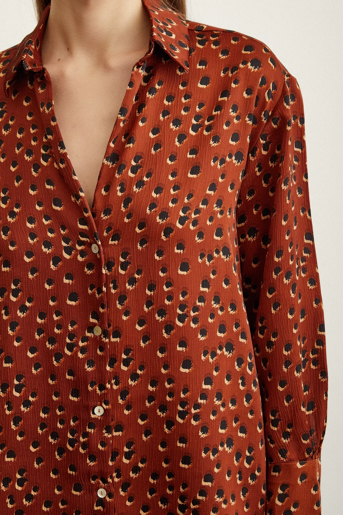 Polka Dot Patterned Satin Shirt in Light Brown