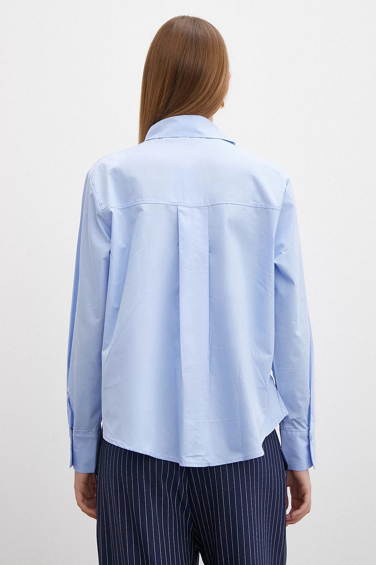 Yaka İncili Poplin Shirt Blue