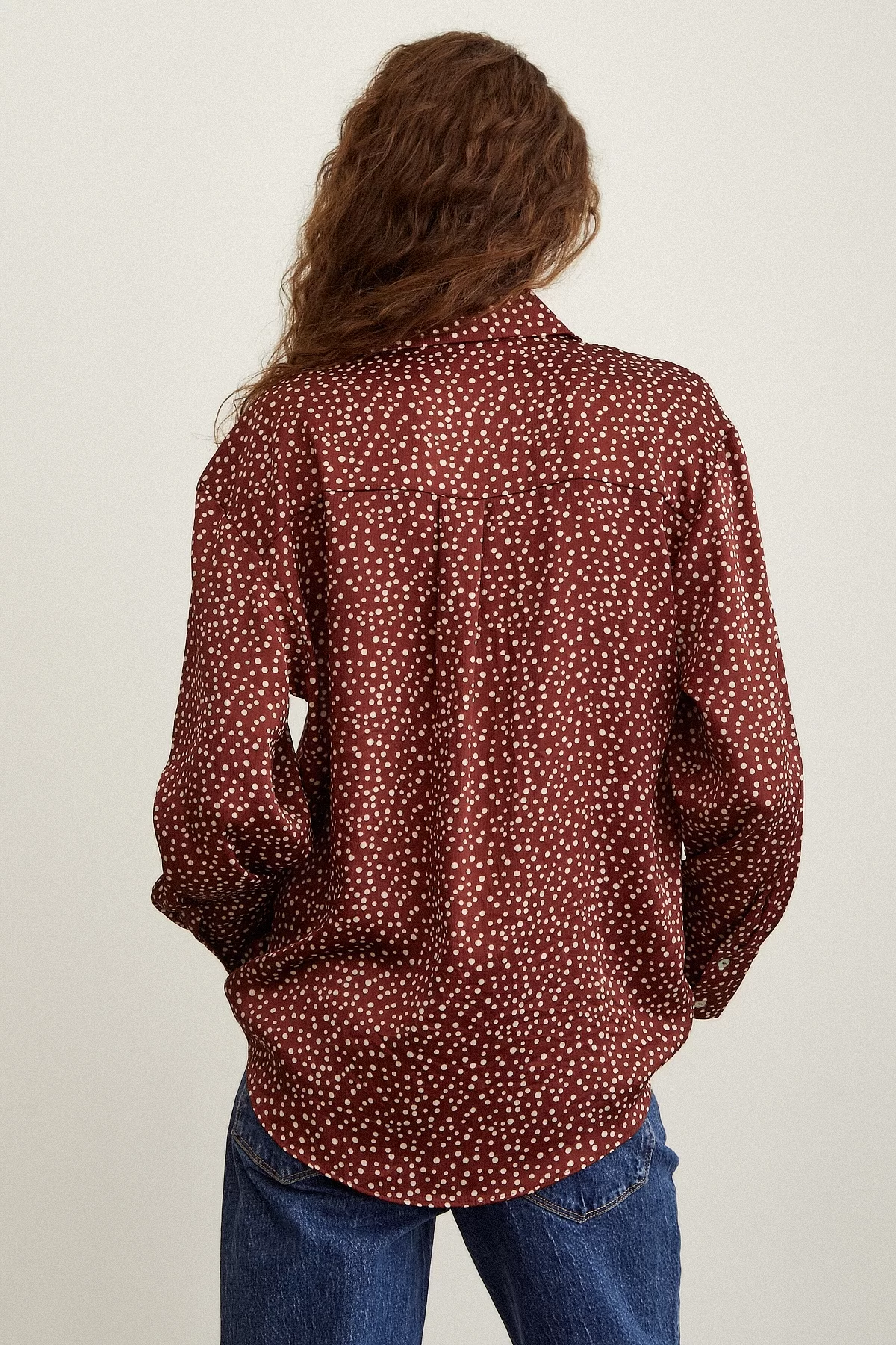 Polka Dot Patterned Satin Shirt Brick