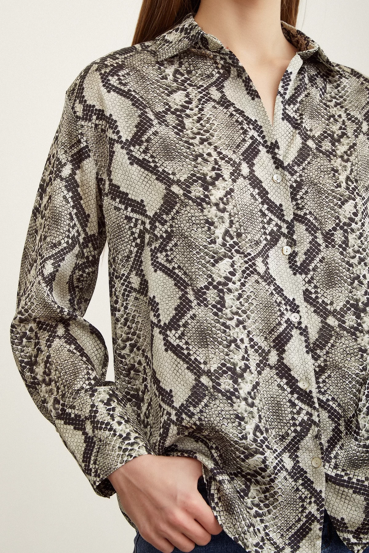 Snake Pattern Satin Shirt Stone