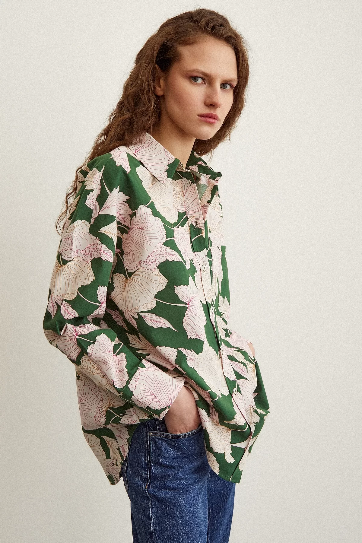 Floral Patterned Poplin Shirt Green